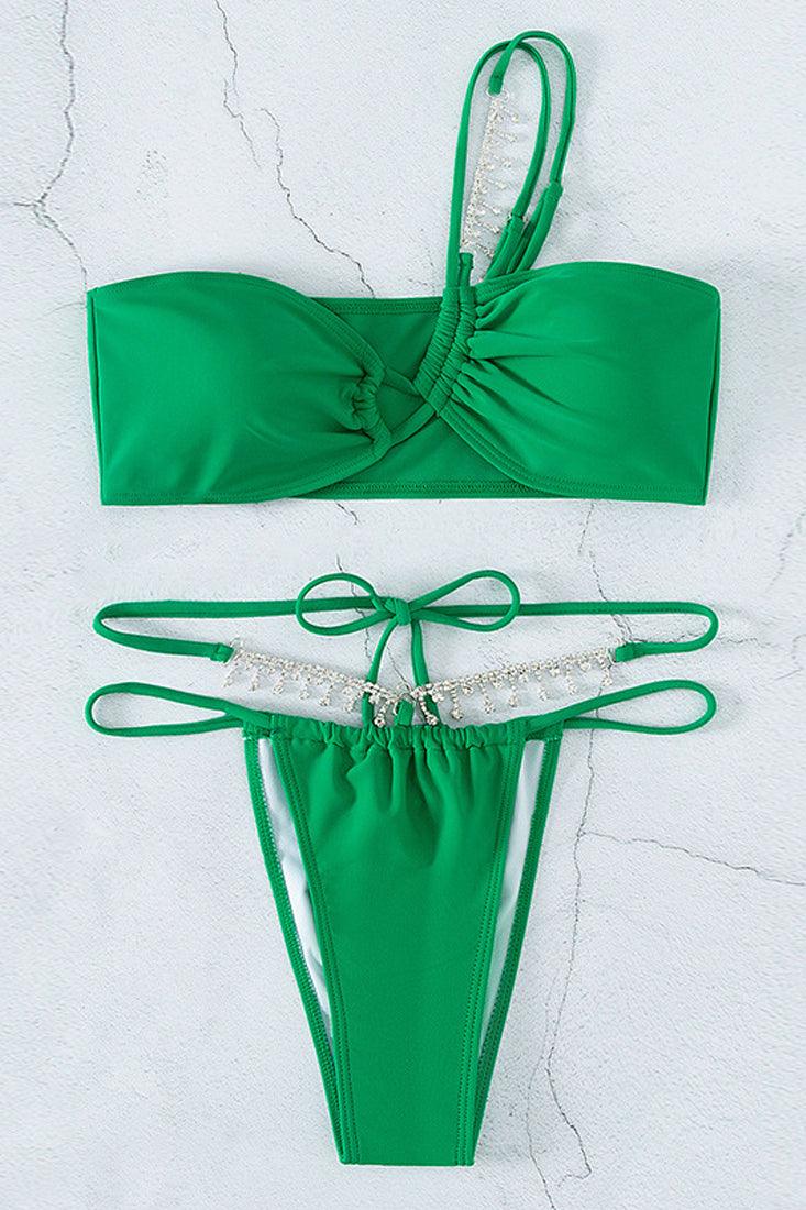 Green Rhinestone One Shoulder Cheeky Two Piece Swimsuit Bikini