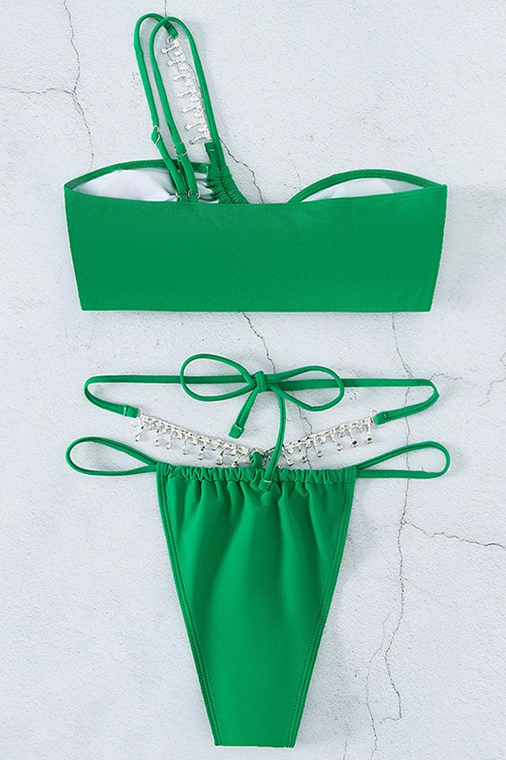 Green Rhinestone One Shoulder Cheeky Two Piece Swimsuit Bikini