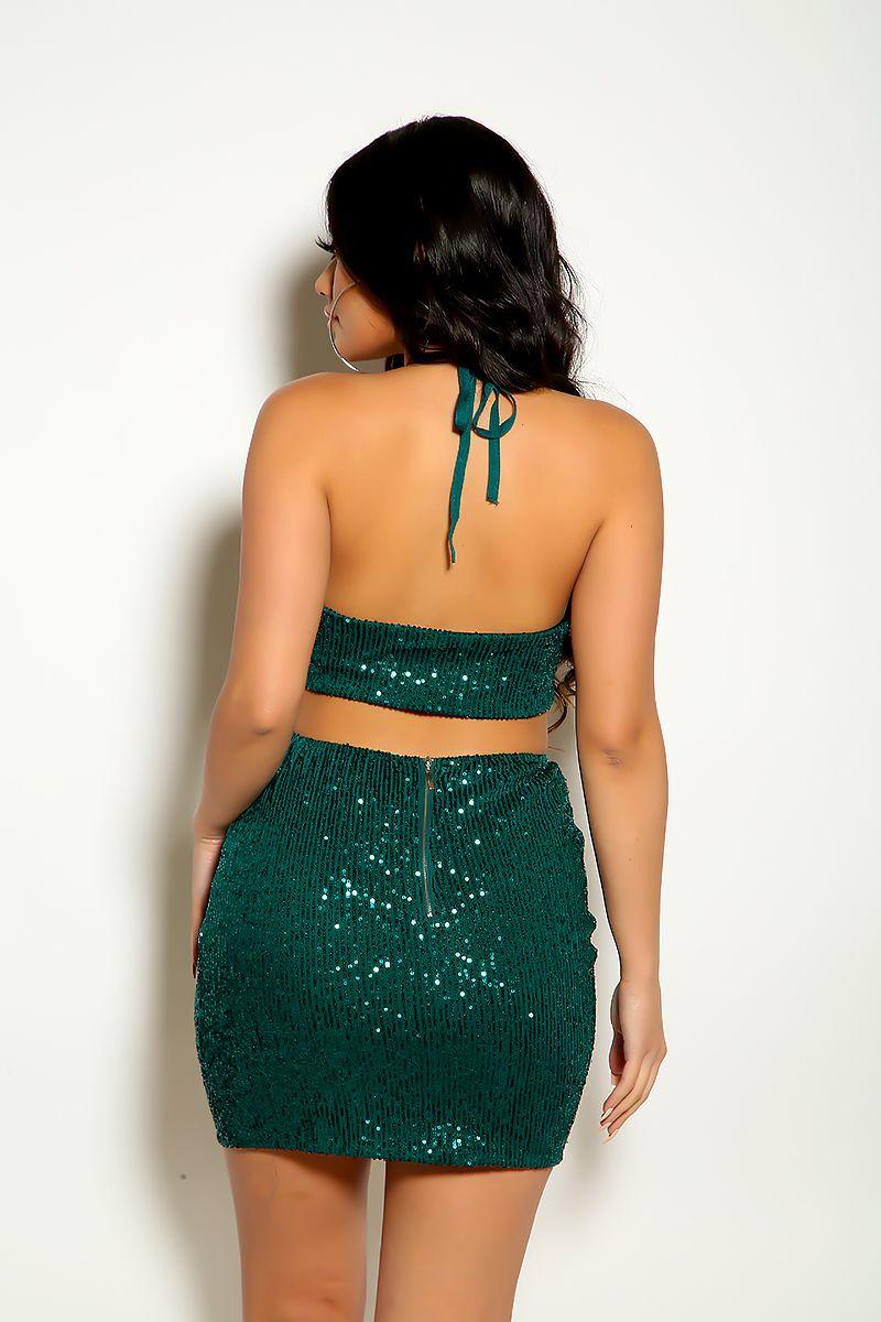 Green Sequins Halter Strappy Sexy Party Dress