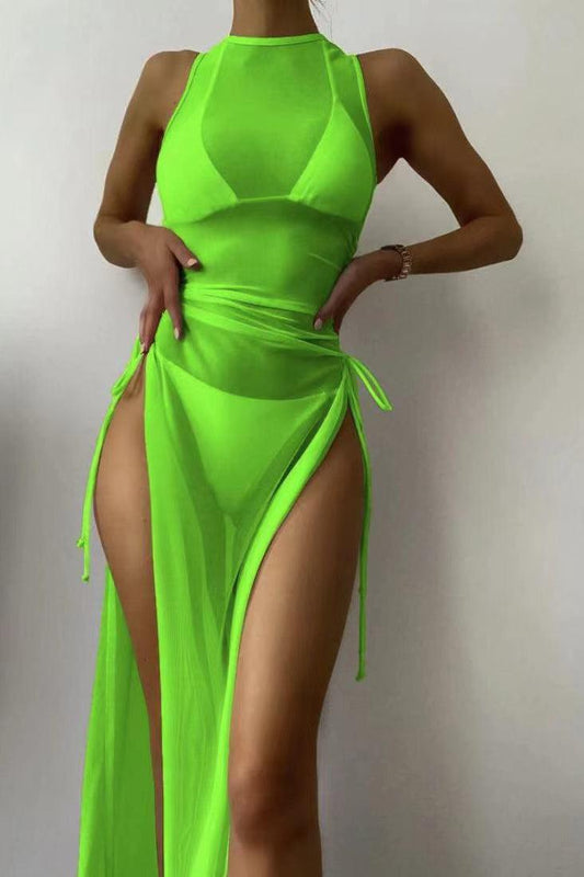 Green Sleeveless Mesh Coverup Three Piece Swimsuit