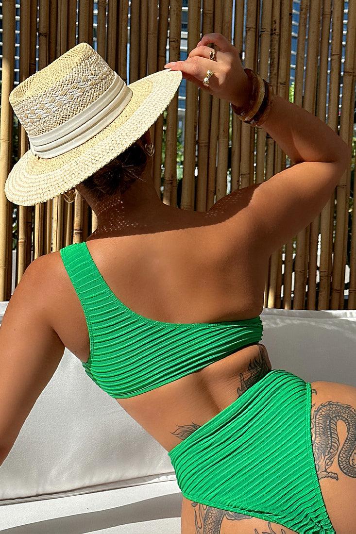 Green Texture Braided Cut-Out One Shoulder High Waist Cheeky 2Pc Swimsuit