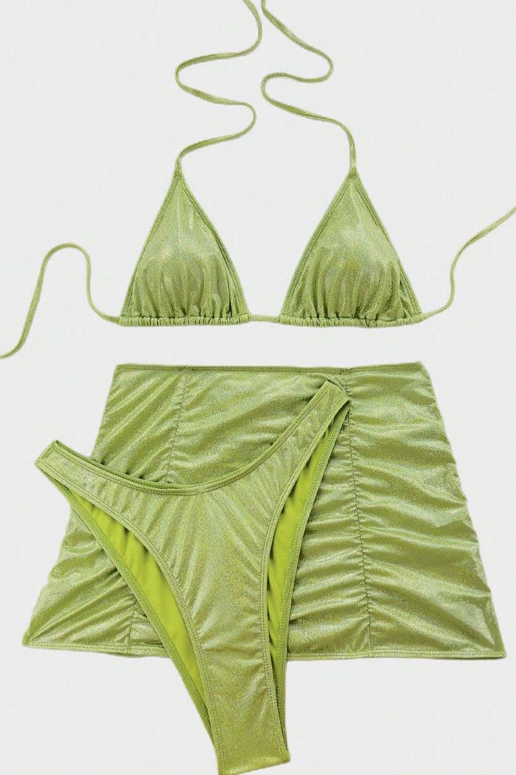 Green Tinker Holographic Triangle Cheeky Cover-Up 3Pc Swimsuit Set