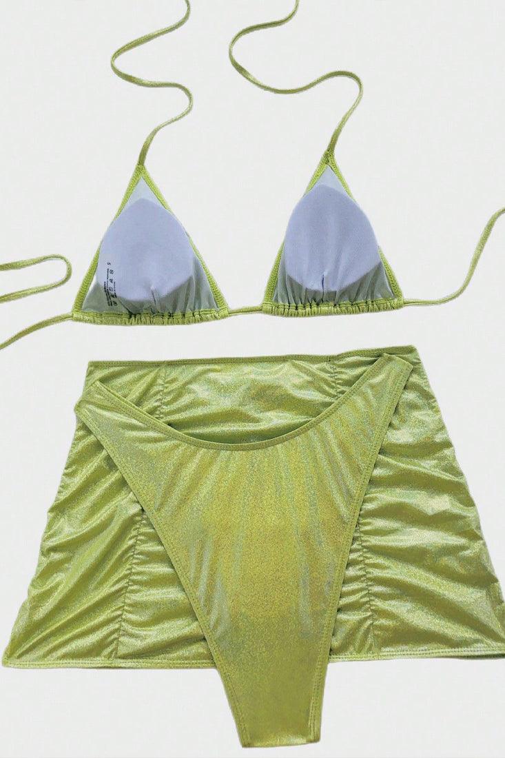 Green Tinker Holographic Triangle Cheeky Cover-Up 3Pc Swimsuit Set