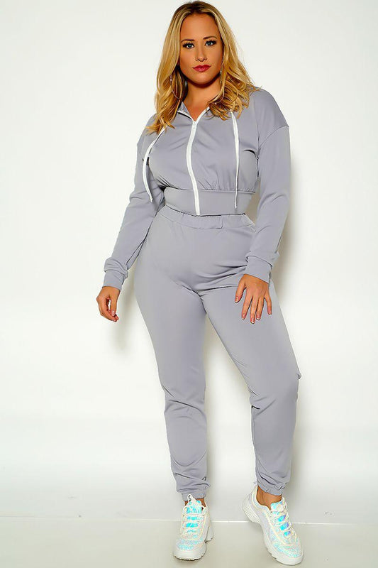 Grey Long Sleeve Hooded Plus Size Two Piece Outfit