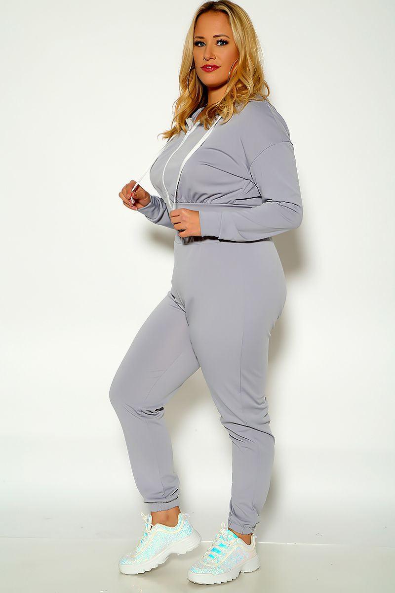 Grey Long Sleeve Hooded Plus Size Two Piece Outfit