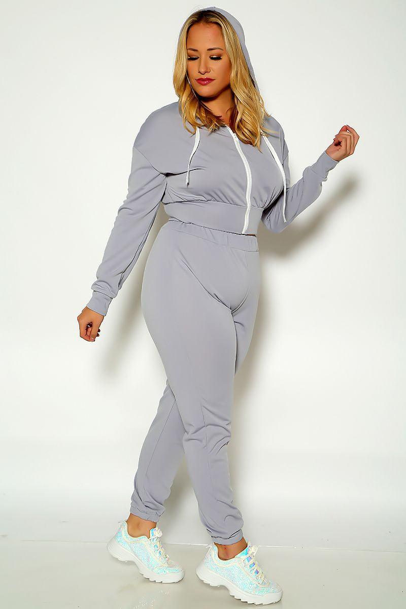 Grey Long Sleeve Hooded Plus Size Two Piece Outfit