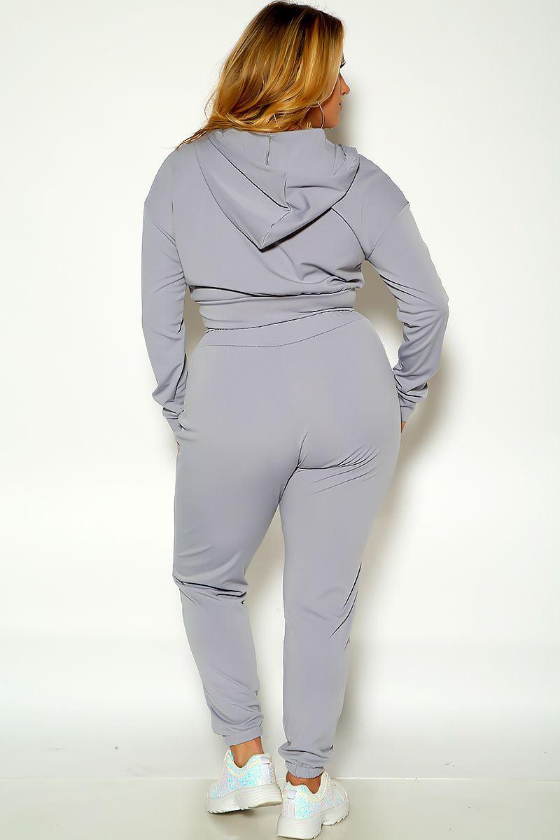 Grey Long Sleeve Hooded Plus Size Two Piece Outfit