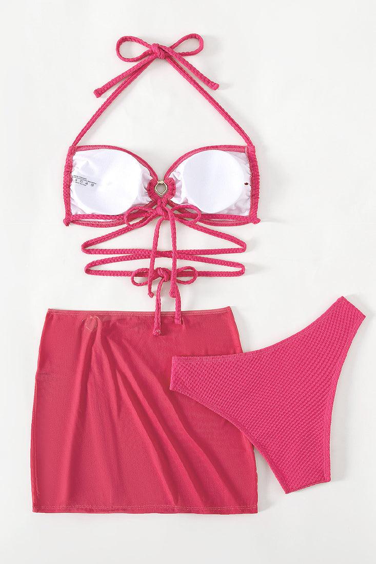 Hot Pink Pearl Heart Ring Bandeau Halter Cover-Up 3Pc Swimsuit Set