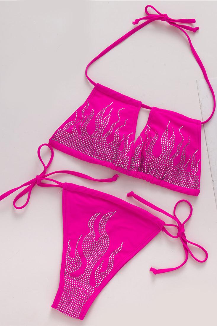 Hot Pink Rhinestone Square Halter Top 2 Pc Bikini Set