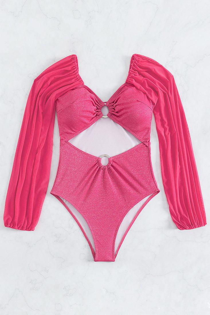 Hot Pink Shimmer O-Ring Mesh Long Sleeves Sexy 1Pc Swimsuit Monokini