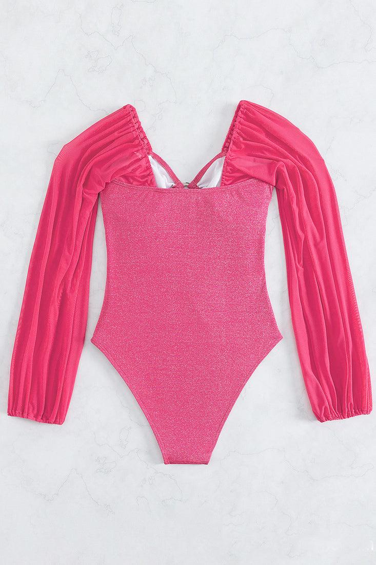 Hot Pink Shimmer O-Ring Mesh Long Sleeves Sexy 1Pc Swimsuit Monokini