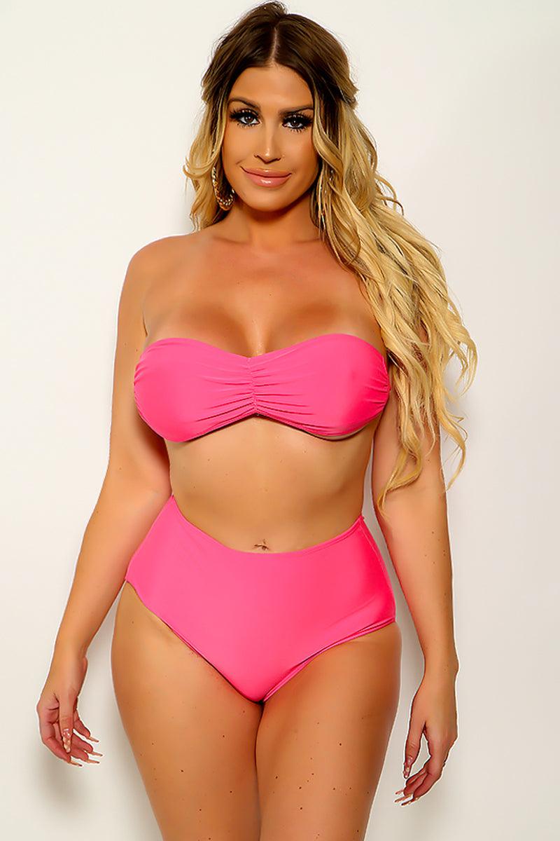 Hot Pink Strapless High Waist 2 Pc Sexy Swimsuit