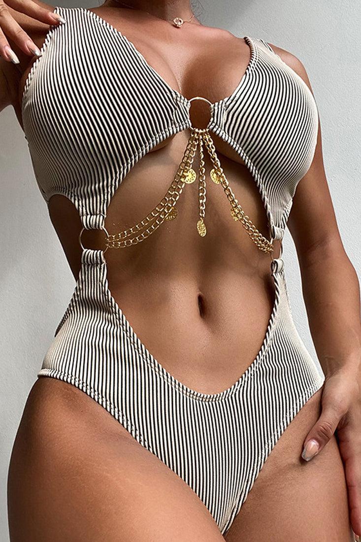 Khaki O-Ring Chain Linked Hollow Out Ribbed Monokini