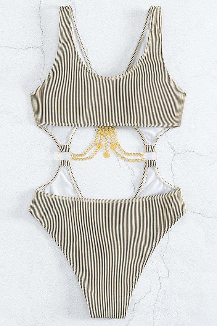 Khaki O-Ring Chain Linked Hollow Out Ribbed Monokini