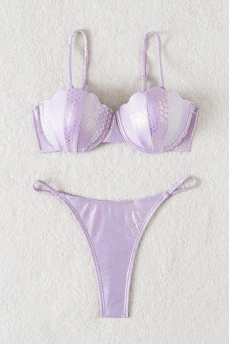 Lavender Holographic Snake Wired Shell Bra Thong Sexy 2Pc Swimsuit Bikini