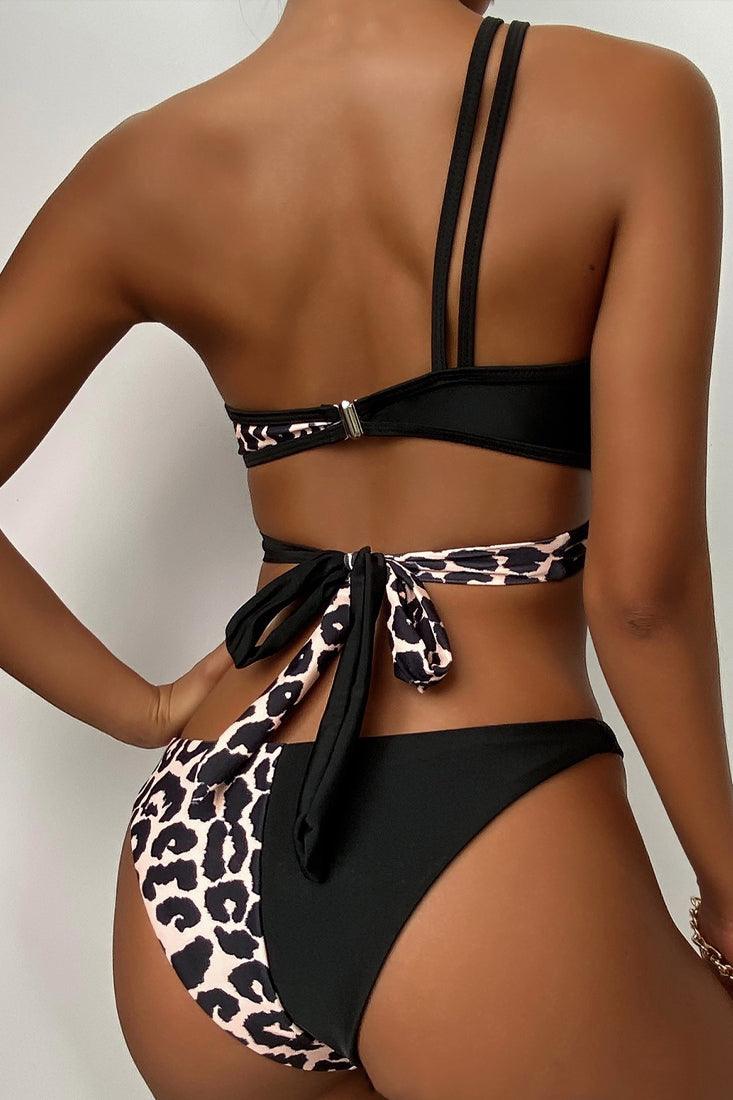 Leopard Black Strappy One Shoulder Two Piece Swimsuit