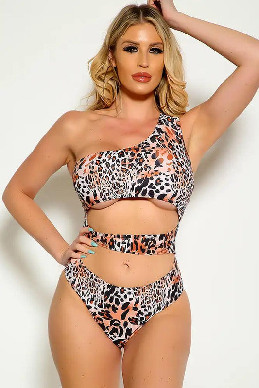 Leopard One Shoulder Sleeveless Cut Out One Piece Swimsuit - Babewear