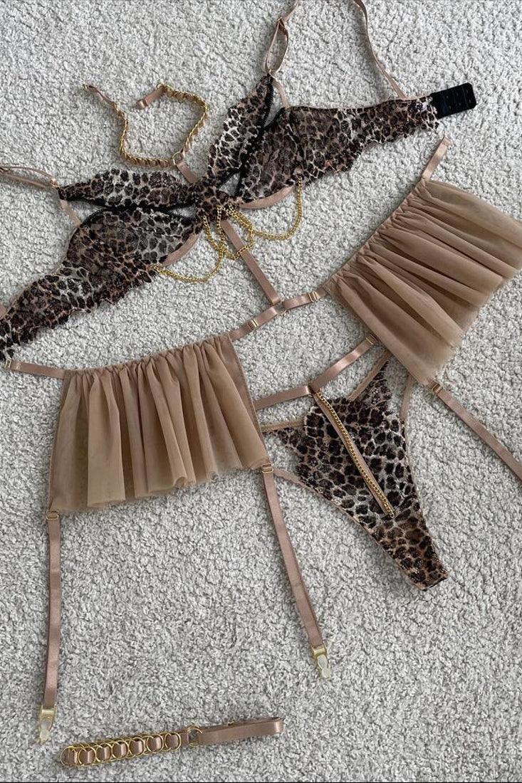 Leopard Print Mesh Chain Garter Thong 6Pc Lingerie Set