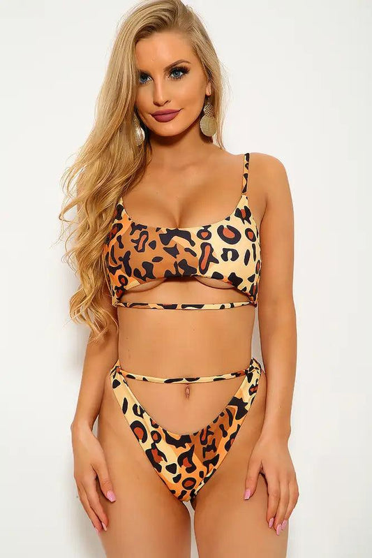 Leopard Print Two Piece Cut Out Strappy Swimsuit - Babewear