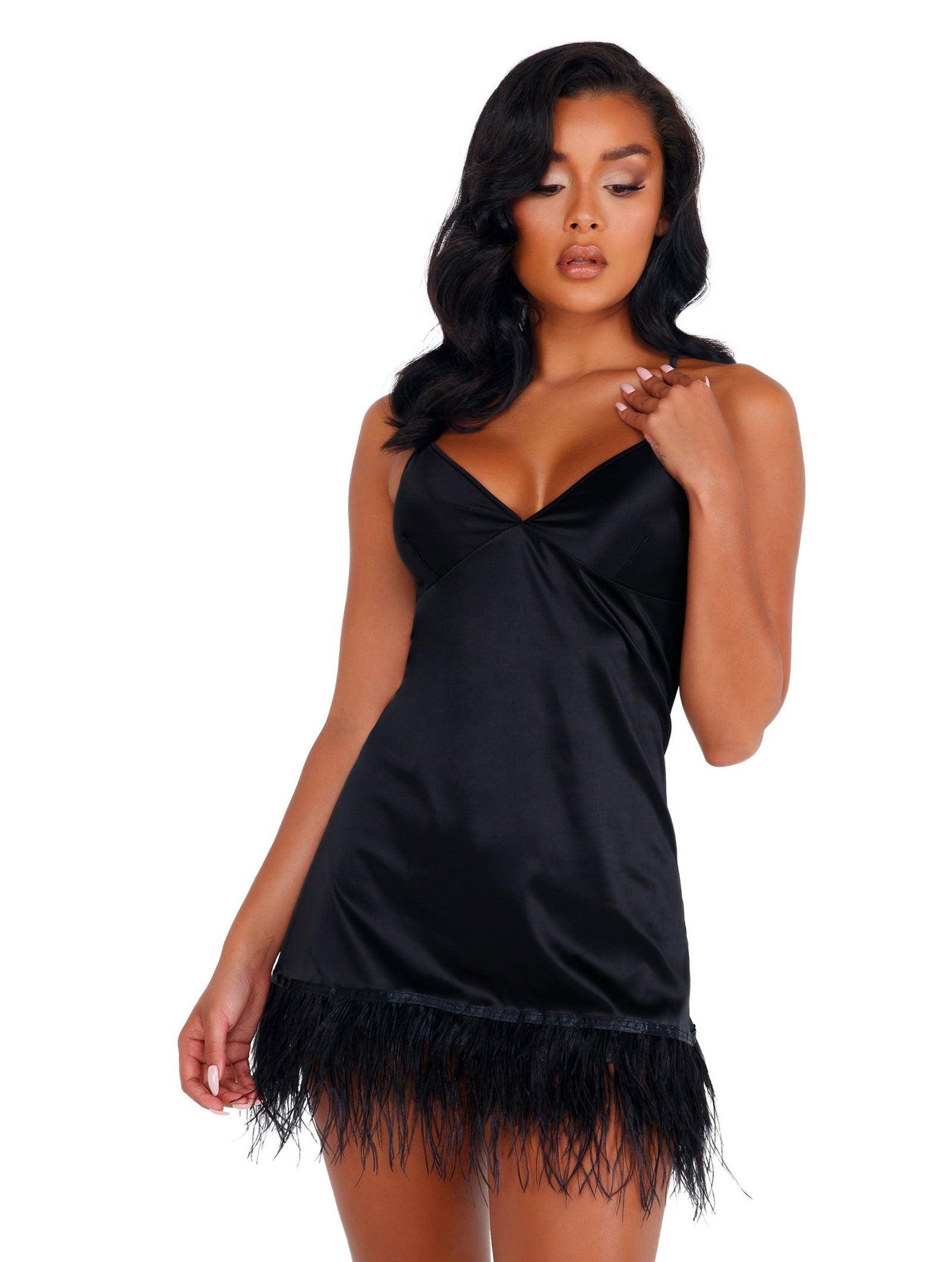 LI400 - Soft Satin Chemise with Ostrich Feathered Trim - Babewear