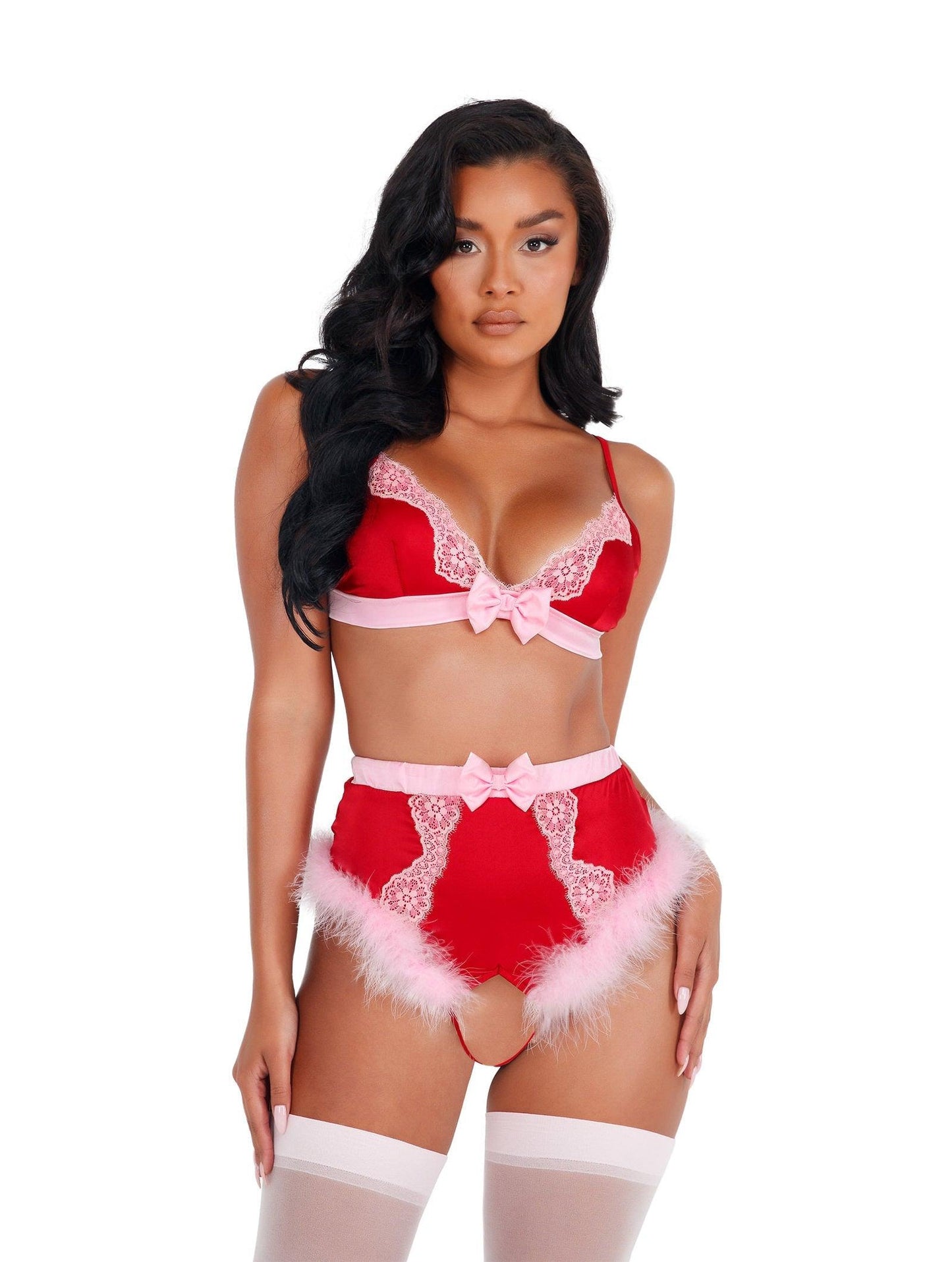 LI424 - 2pc Lace & Satin Marabou Bra Set - Babewear