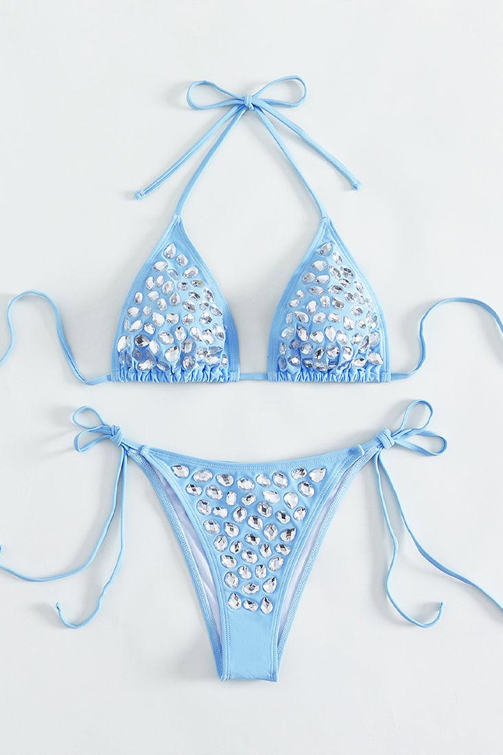 Light Blue Rhinestone Gem Cheeky 2 Pc Sexy Swimsuit Set Bikini