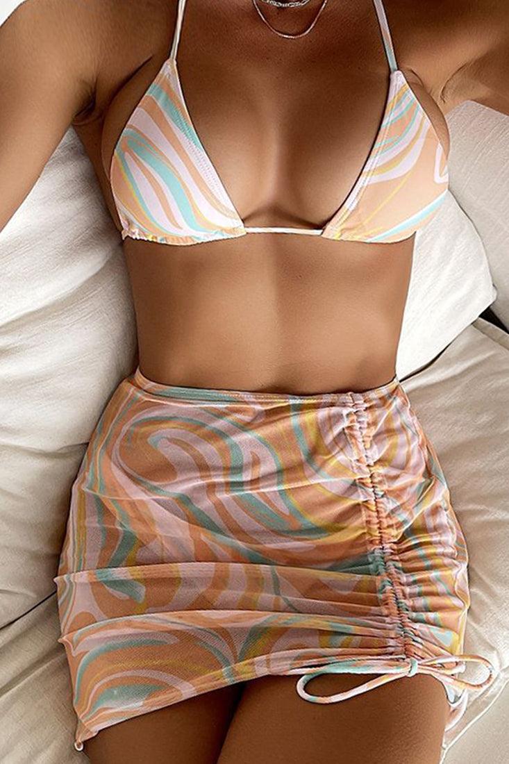 Light Orange Printed Halter Sexy Three Piece Swimsuit