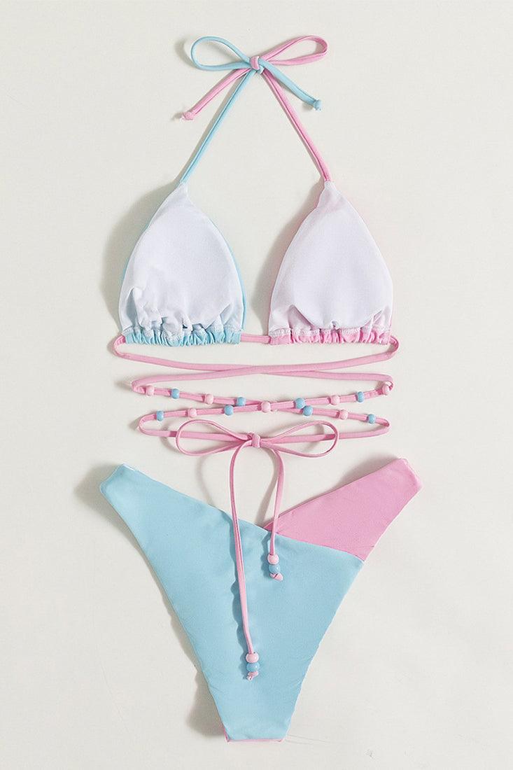 Light Pink Blue Strappy Beads Cheeky 2Pc Bikini Swimsuit Set