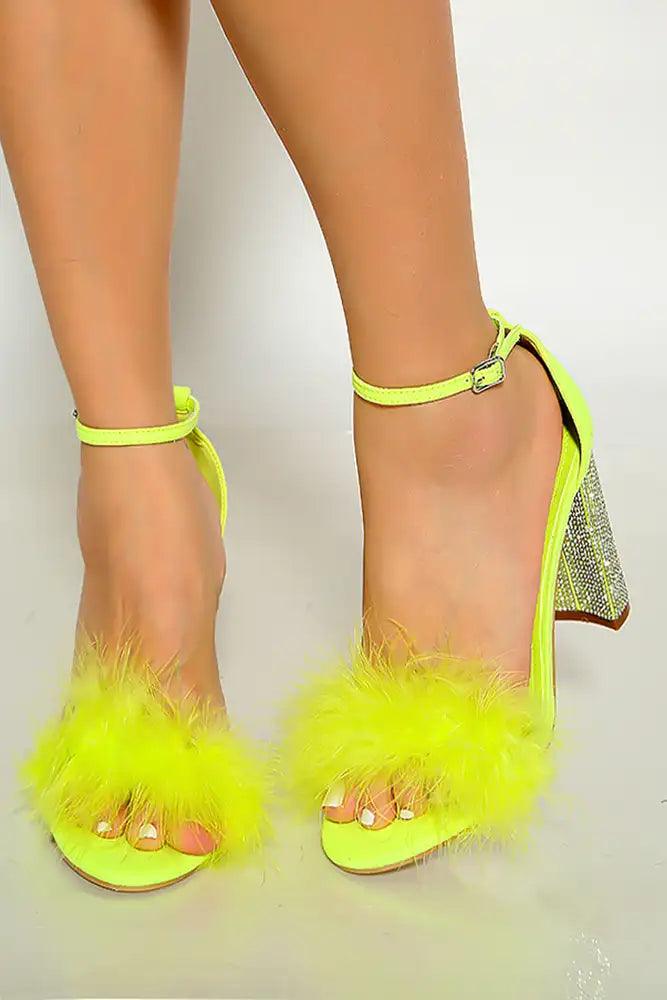 Lime Ankle Strap Faux Feather Rhinestone Chunky High Heels - Babewear