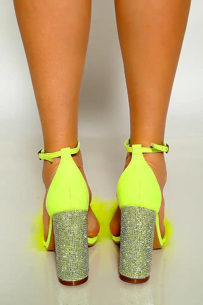 Lime Ankle Strap Faux Feather Rhinestone Chunky High Heels