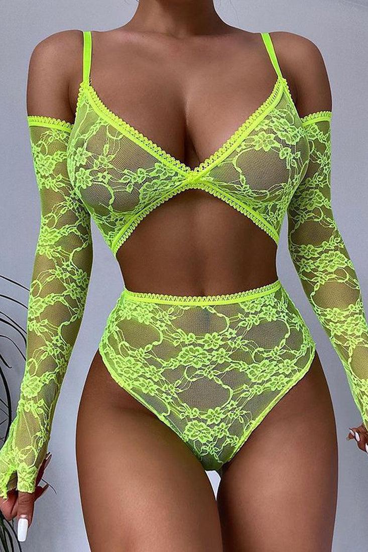 Lime Lace Arm Sleeves High Waist 3 Pc Lingerie Set kk89i-7026