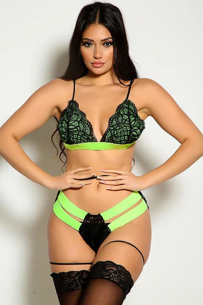 Lime Lace Strappy Two Tone Sexy Two Piece Lingerie