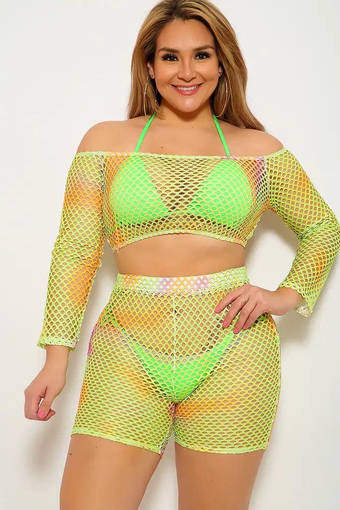 Lime Marigold Plus Size Netted Two Piece Outfit - Babewear