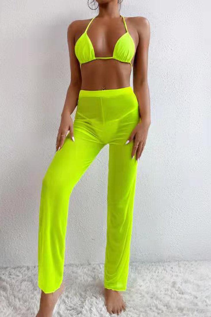 Lime Mesh Halter Sexy Three Piece Swimsuit