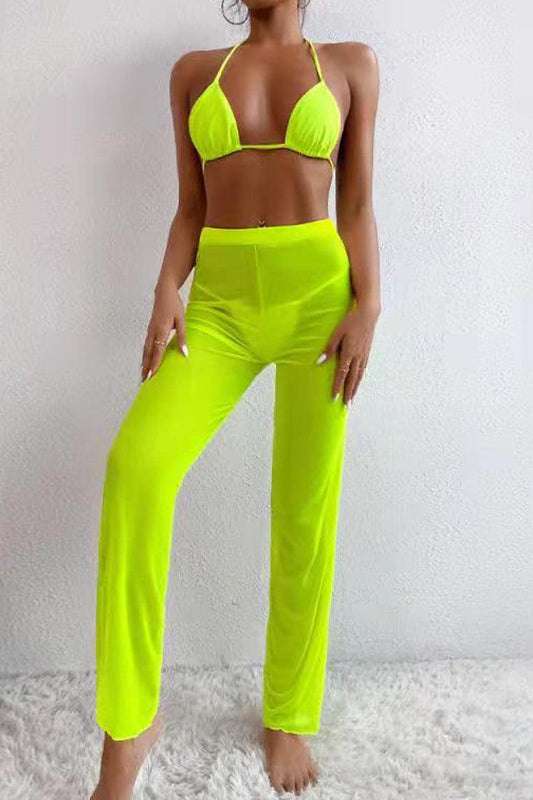 Lime Mesh Halter Sexy Three Piece Swimsuit