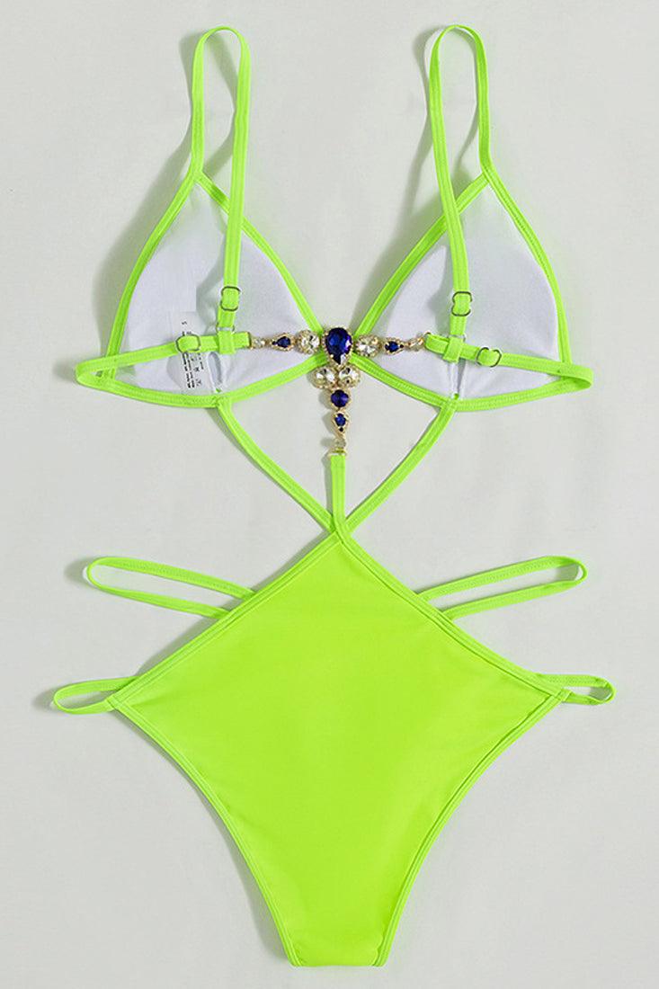 Lime Strappy Rhinestone Back Accent Monokini