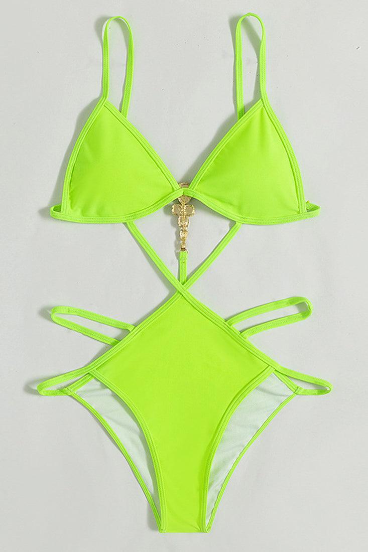 Lime Strappy Rhinestone Back Accent Monokini