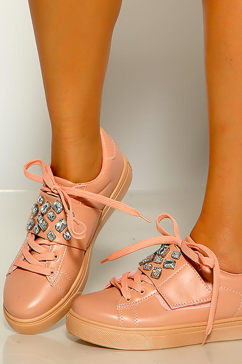 Mauve Rhinestones Accent Lace Up Sneakers