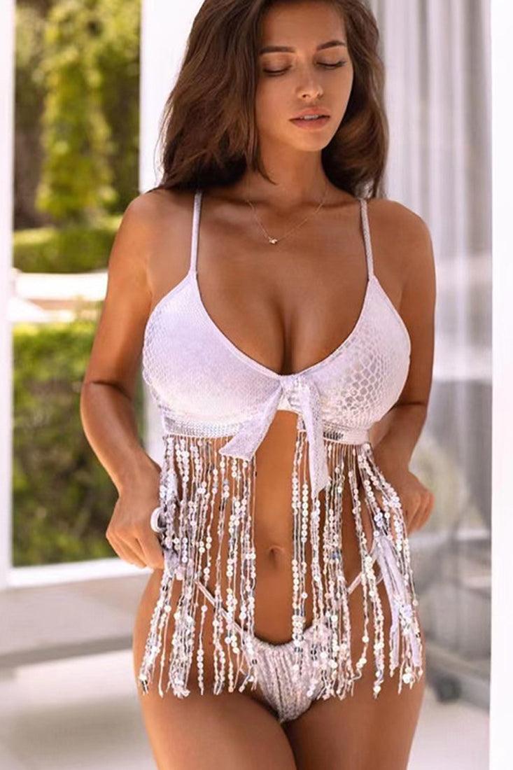 Metallic Silver Sequin Fringe 2 Pc Bikini Set