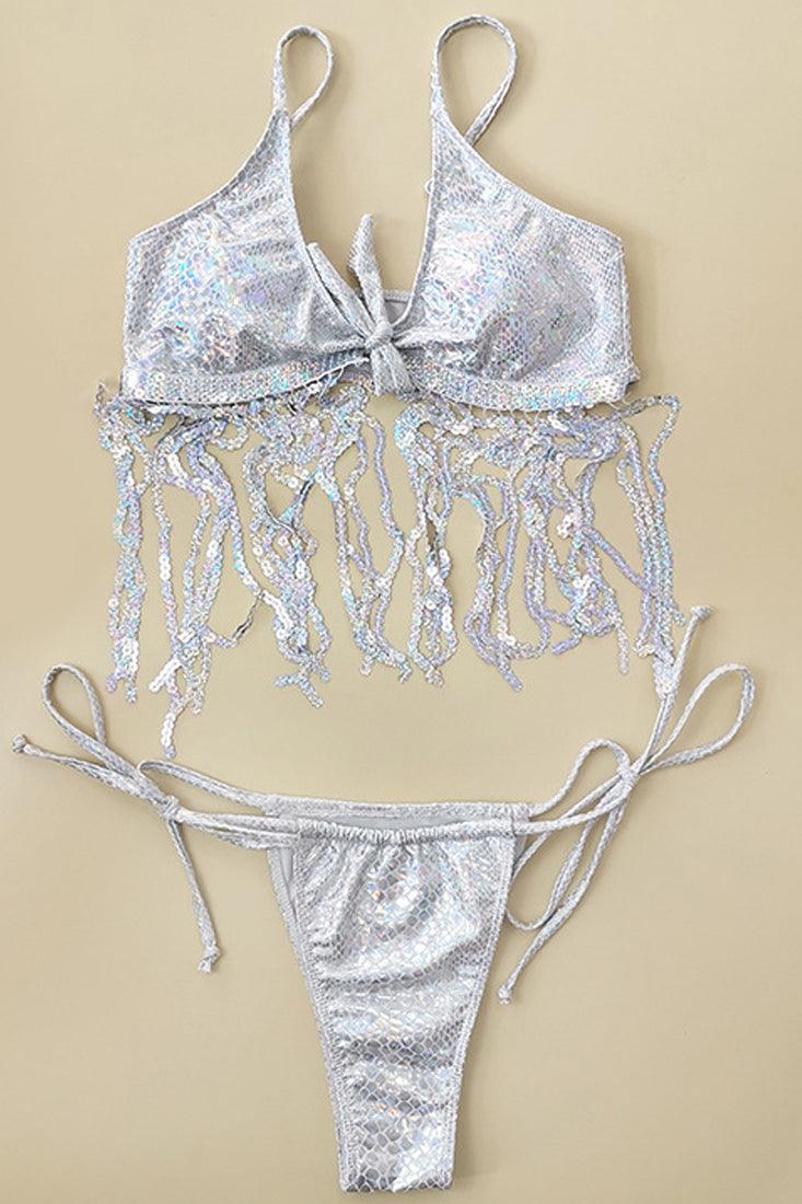 Metallic Silver Sequin Fringe 2 Pc Bikini Set