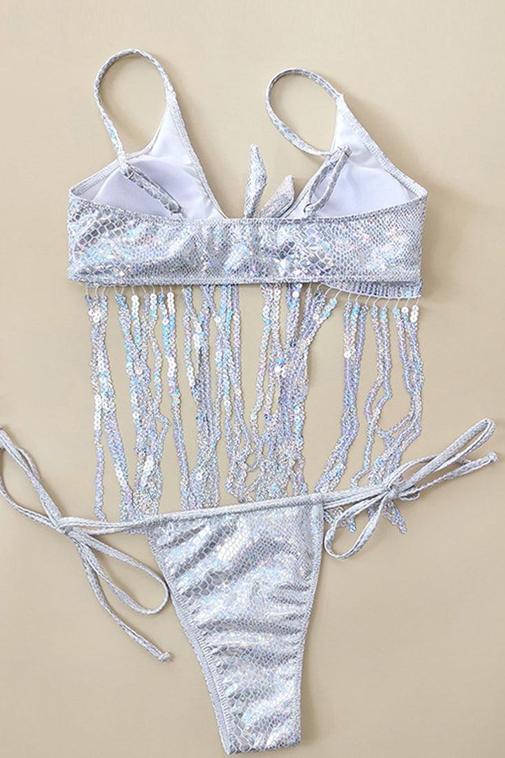 Metallic Silver Sequin Fringe 2 Pc Bikini Set