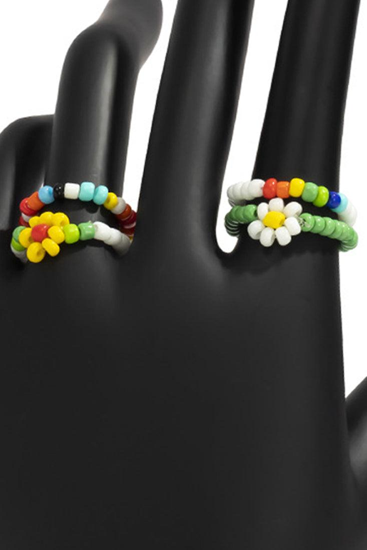 Multi Beaded Floral Accent 4 Piece Ring Set