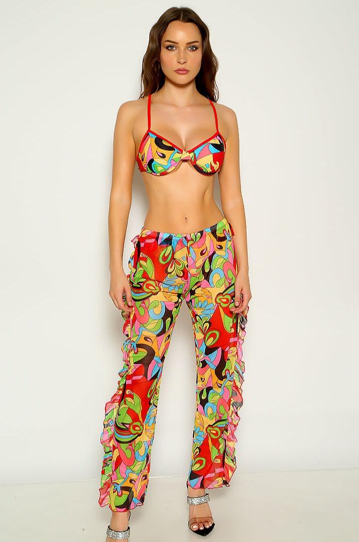 Multi Graphic Print Ruffled Sexy Three Piece Swimsuit