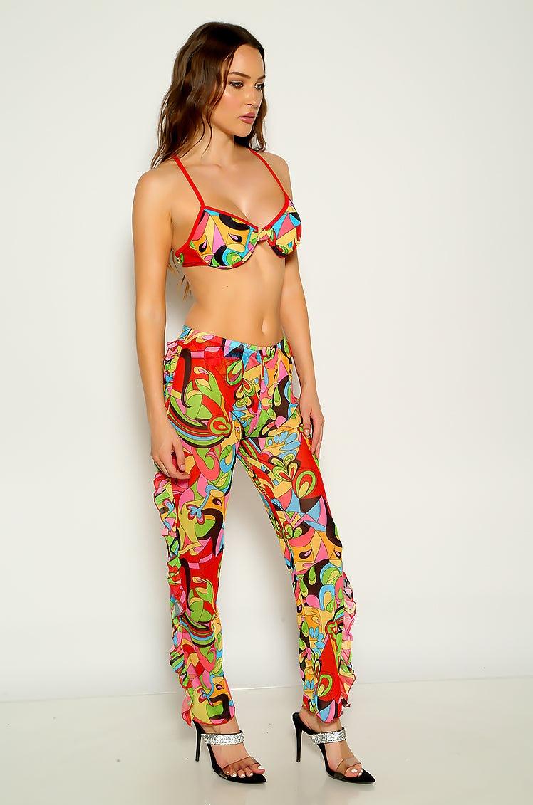 Multi Graphic Print Ruffled Sexy Three Piece Swimsuit