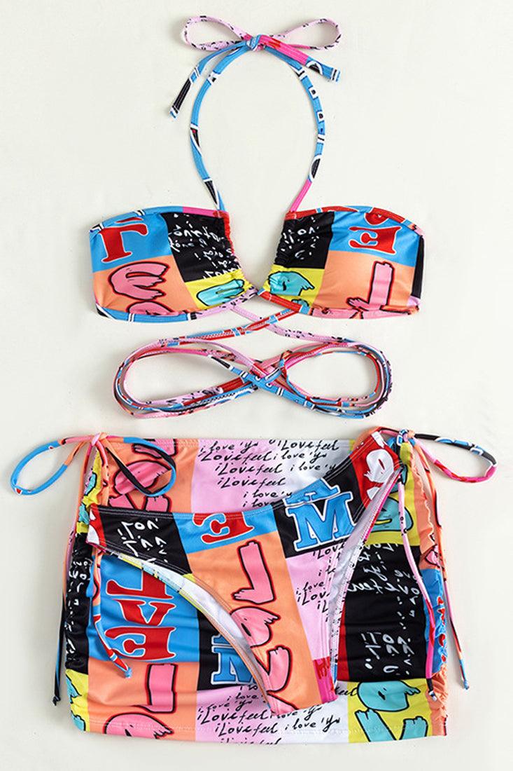 Multi Graphic Print Strappy Three Piece Swimsuit