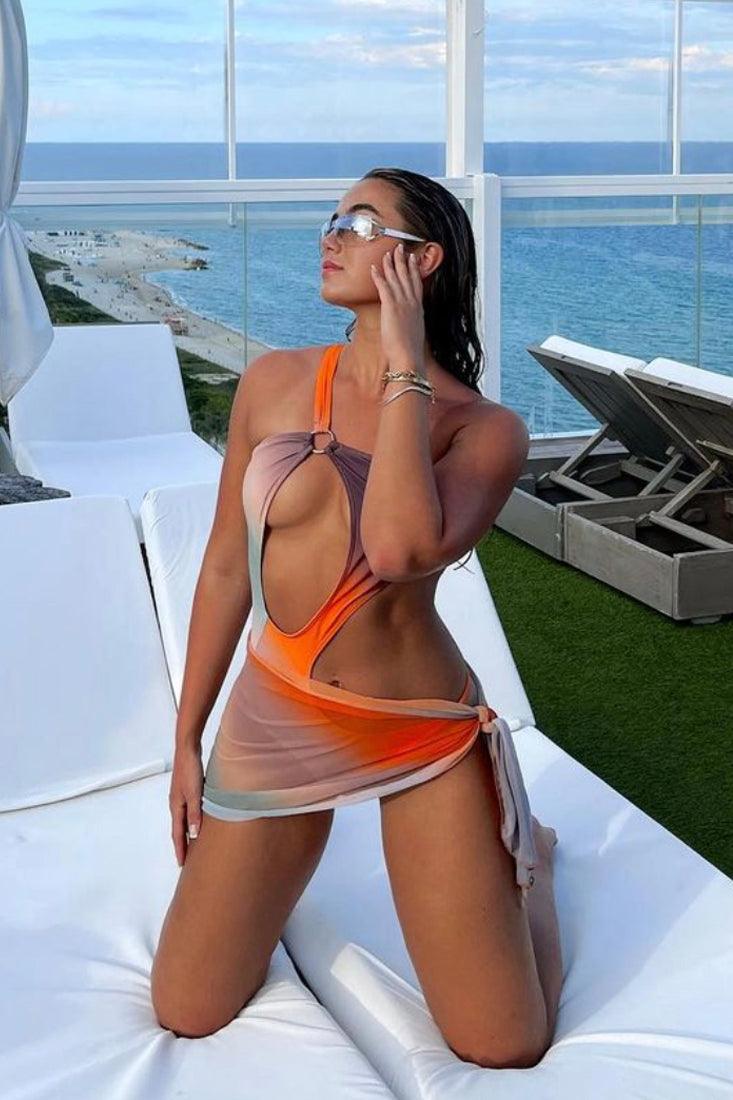 Multi Ombre O-Ring Asymmetrical One Shoulder Monokini With Cover Up