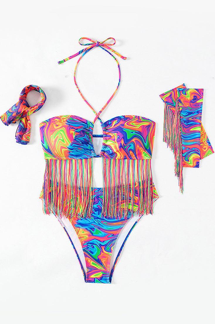 Multi Printed Fringe Halter High Waist Gloves Scarf 5Pc Swimsuit Set