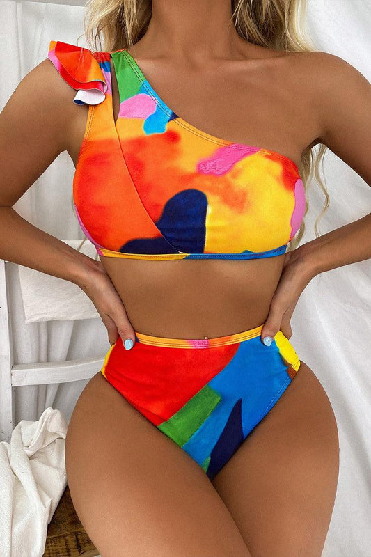 Multi Printed Ruffled Sexy Two Piece Swimsuit