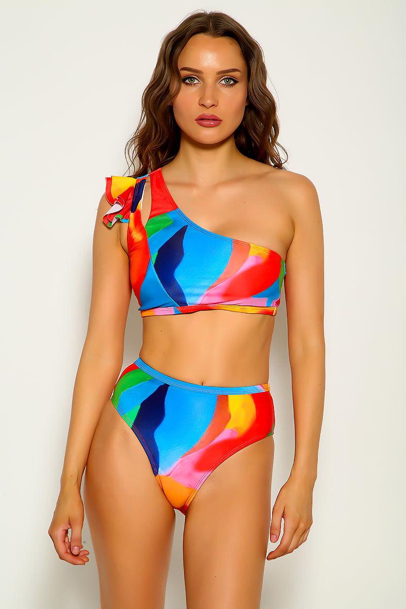 Multi Printed Ruffled Sexy Two Piece Swimsuit