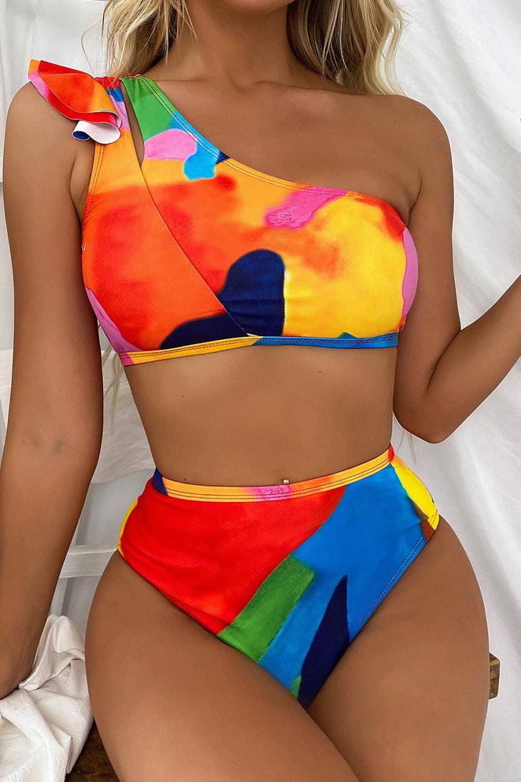 Multi Printed Ruffled Sexy Two Piece Swimsuit